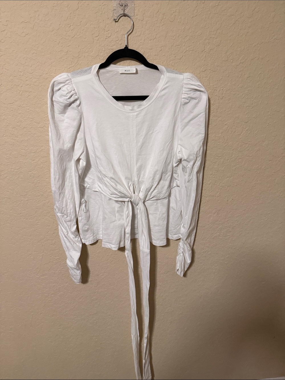 A.L.C. White Tie-Front Puff Sleeve Blouse